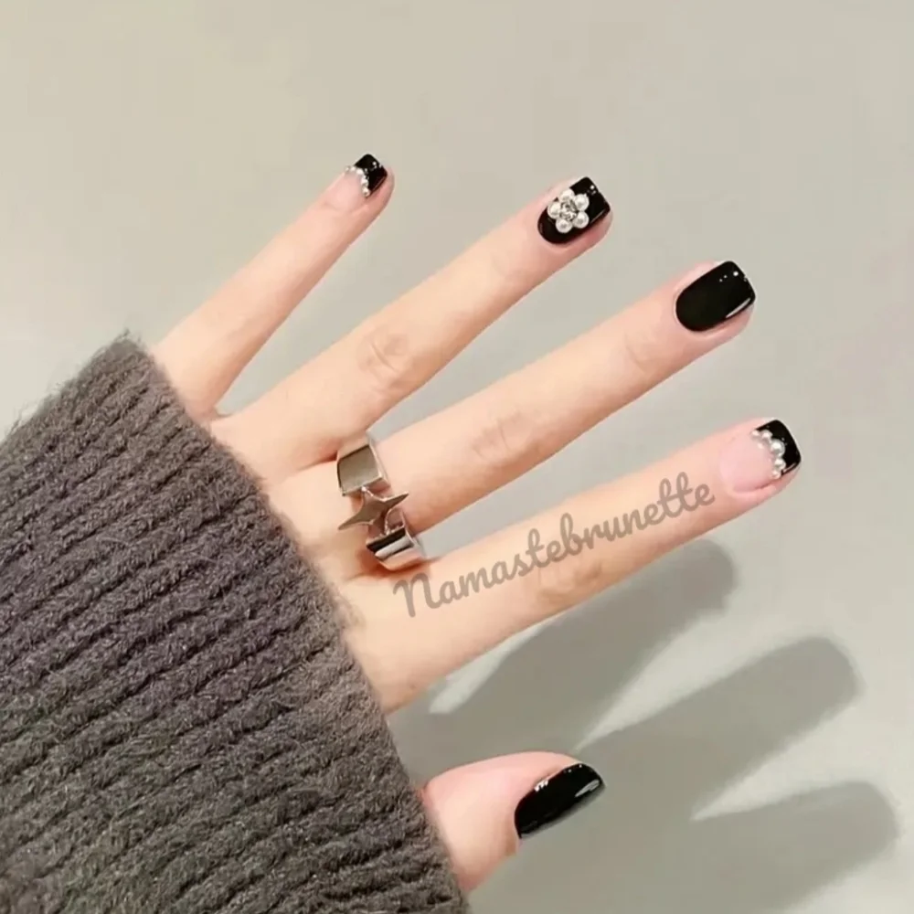 2/$16 3D Pearl Black French Tip Manicure Press On Nails